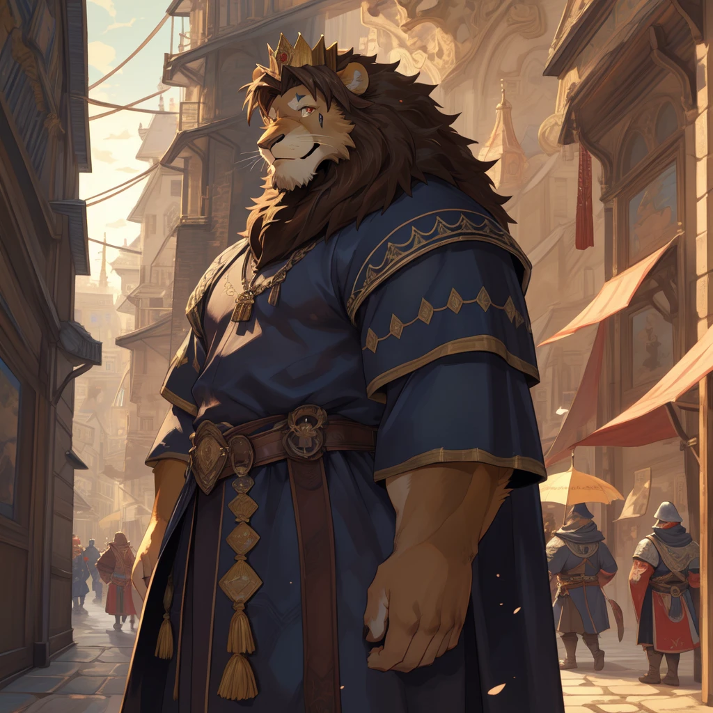 Male, solo, lion, (golden fur), red eyes, (brown hair, short hair), (cheek scar, old scar), (detailed face, detailed eyes, detailed), king, mature male, olde male, muscular male, masterpiece, best quality, standing, city, kimgdom, medieval king clothes, standing, hypermuscle, confident smile, crown