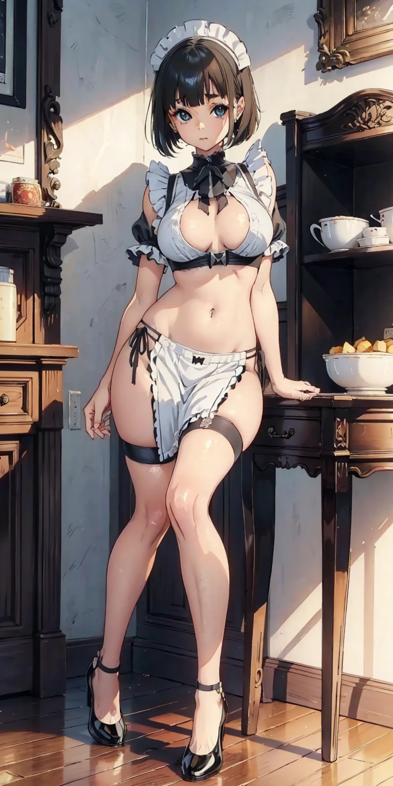 The body is slim、Masterpiece、Highest quality、Highest quality, (after that, shoes:1.2), Arm behind wrist, Standing posture、Long legs、1 girl, Ahegao, Cute eyes, black eye, Open your mouth, Drooping, The whole face turns red, alone, Crotchless panties, Big and ample breasts, (Straight bangs, bowl cut), White maid outfit、Side bust、Underbust、belly button、Walking through the mansion'corridor