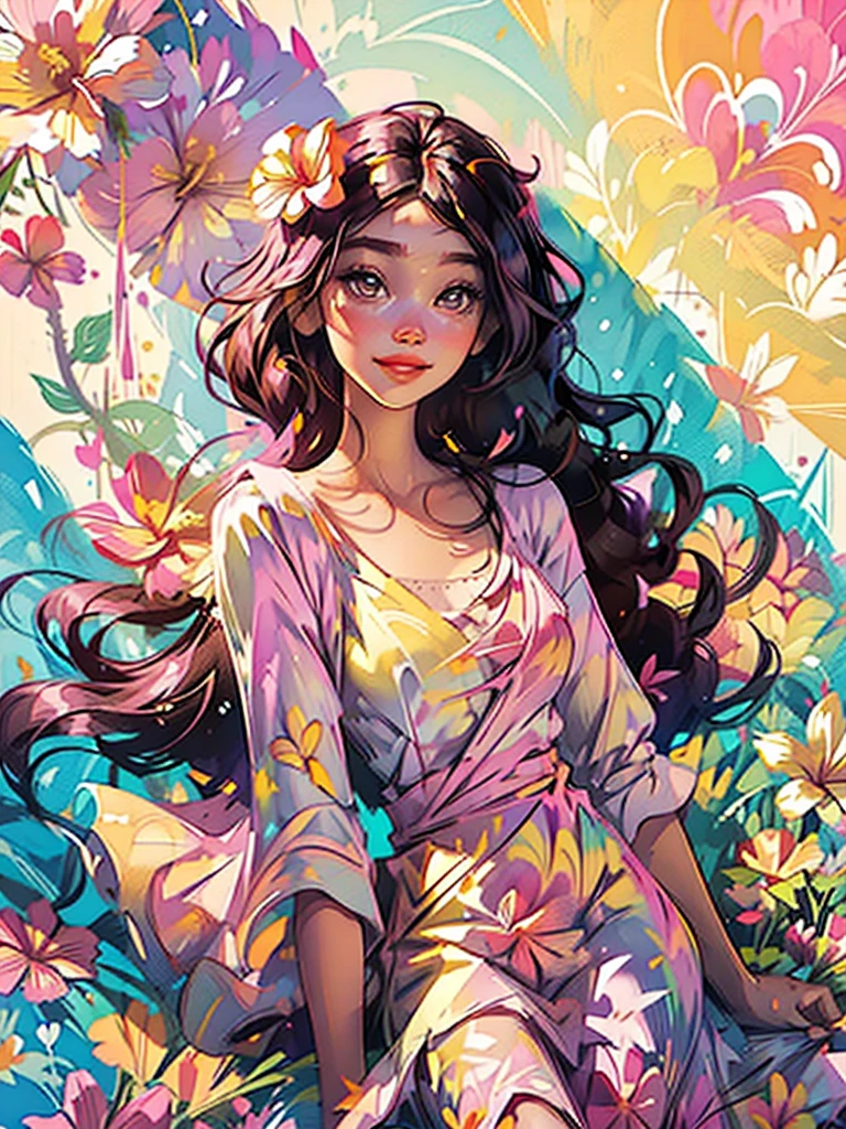 1 girl, One, flower, dress, dark multicolored hair, big smile, bright colors, plumeria flowers, lying, white silk dress, pink-yellow plumeria, behind, lips, draw up, without sleeves, floral print, super detail face eyes lips 