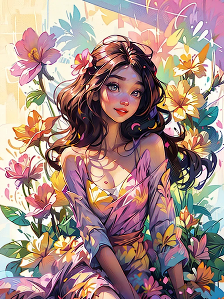 1 girl, One, flower, dress, dark multicolored hair, big smile, bright colors, plumeria flowers, lying, white silk dress, pink-yellow plumeria, behind, lips, draw up, without sleeves, floral print, super detail face eyes lips 