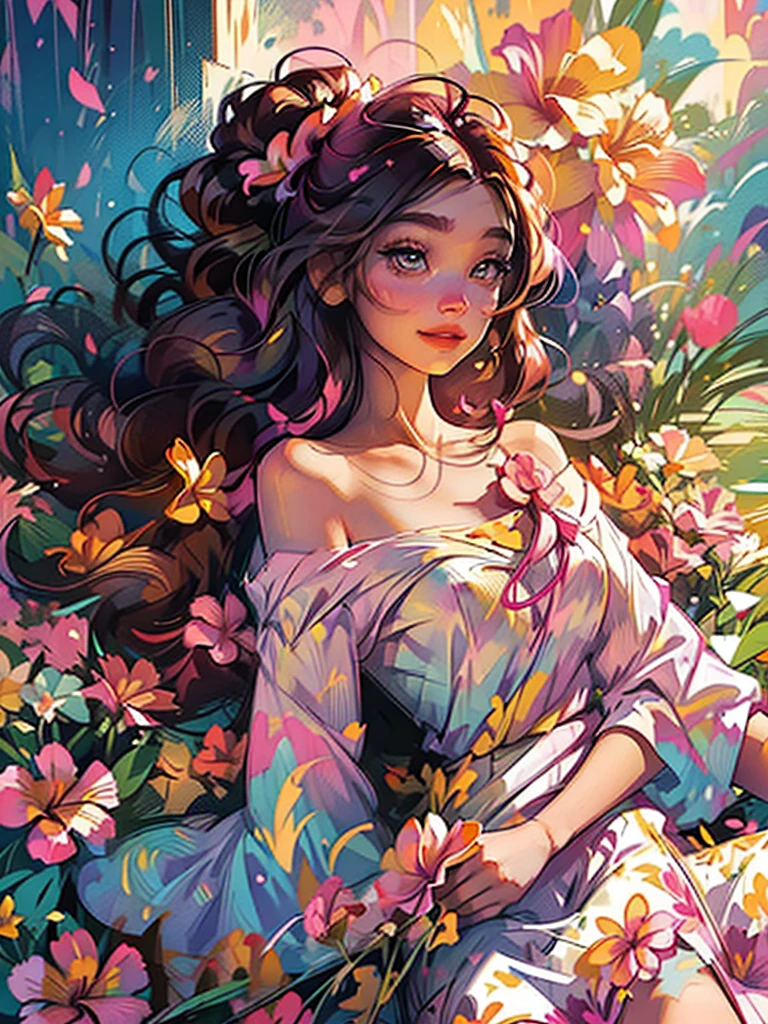 1 girl, One, flower, dress, dark multicolored hair, big smile, bright colors, plumeria flowers, lying, white silk dress, pink-yellow plumeria, behind, lips, draw up, without sleeves, floral print, super detail face eyes lips 