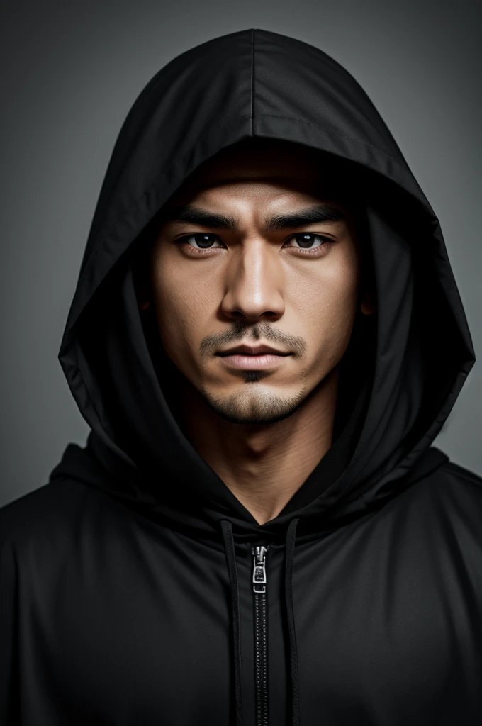 a male character with a black hood, with a simple face, no mouth and two small eyes, anime style