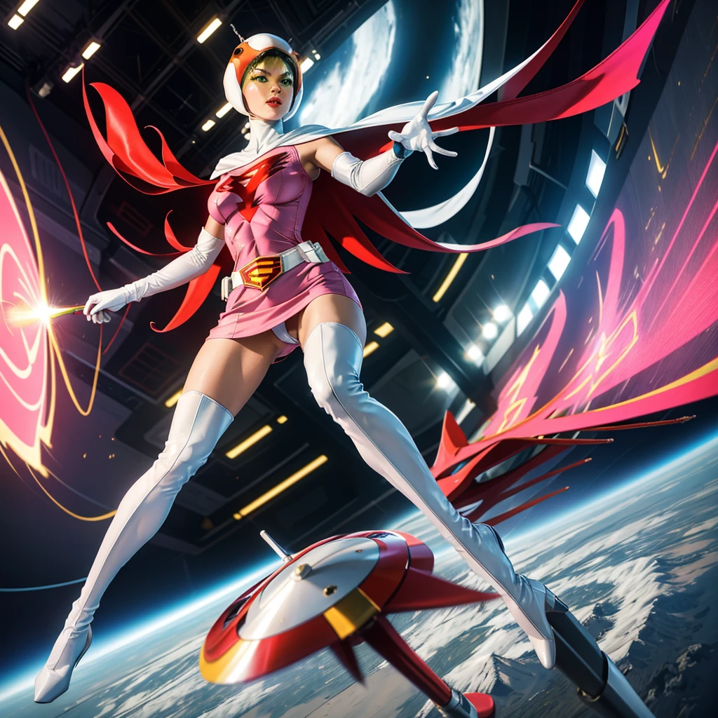 ANI_CLASSIC_jun_gatchaman_ownwaifu,1girl, 15yo,good ???????, masterpiece, best quality,realistic, hyperrealistic, 16k hdr, long hair,???????,green eyes,lips,?????????????,lipstick,makeup,gloves,cape,helmet,belt,elbow gloves,white gloves,mask,ultra miniskirt,leotard,spacesuit,white tight overknee highheels boots,pink dress,superhero,????????,cleavage,erected ???????,(???? pose,view from below),(???????????:1.1),????????