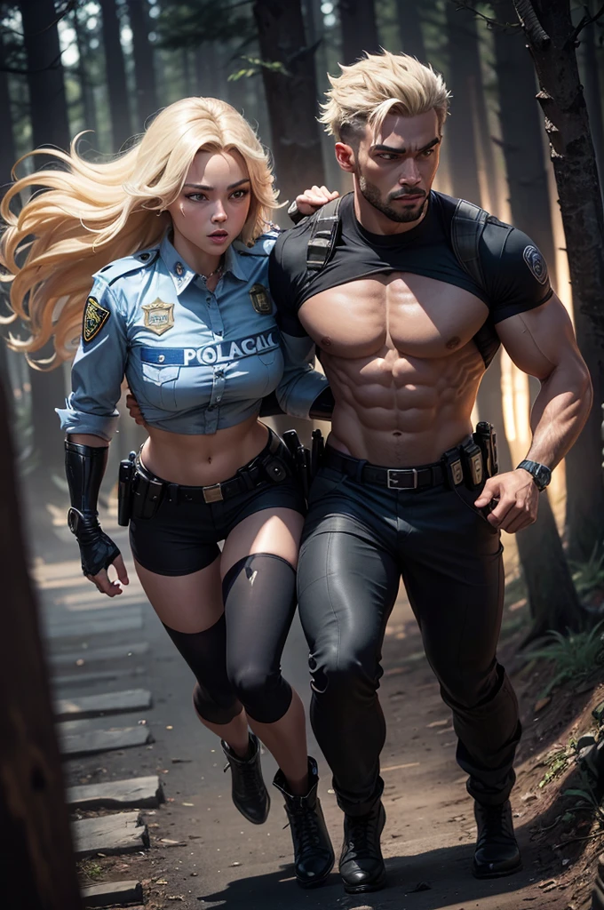 A muscular and wild black werewolf and a beautiful and perfect blonde police girl in uniform and armed in a night forest running boldly together