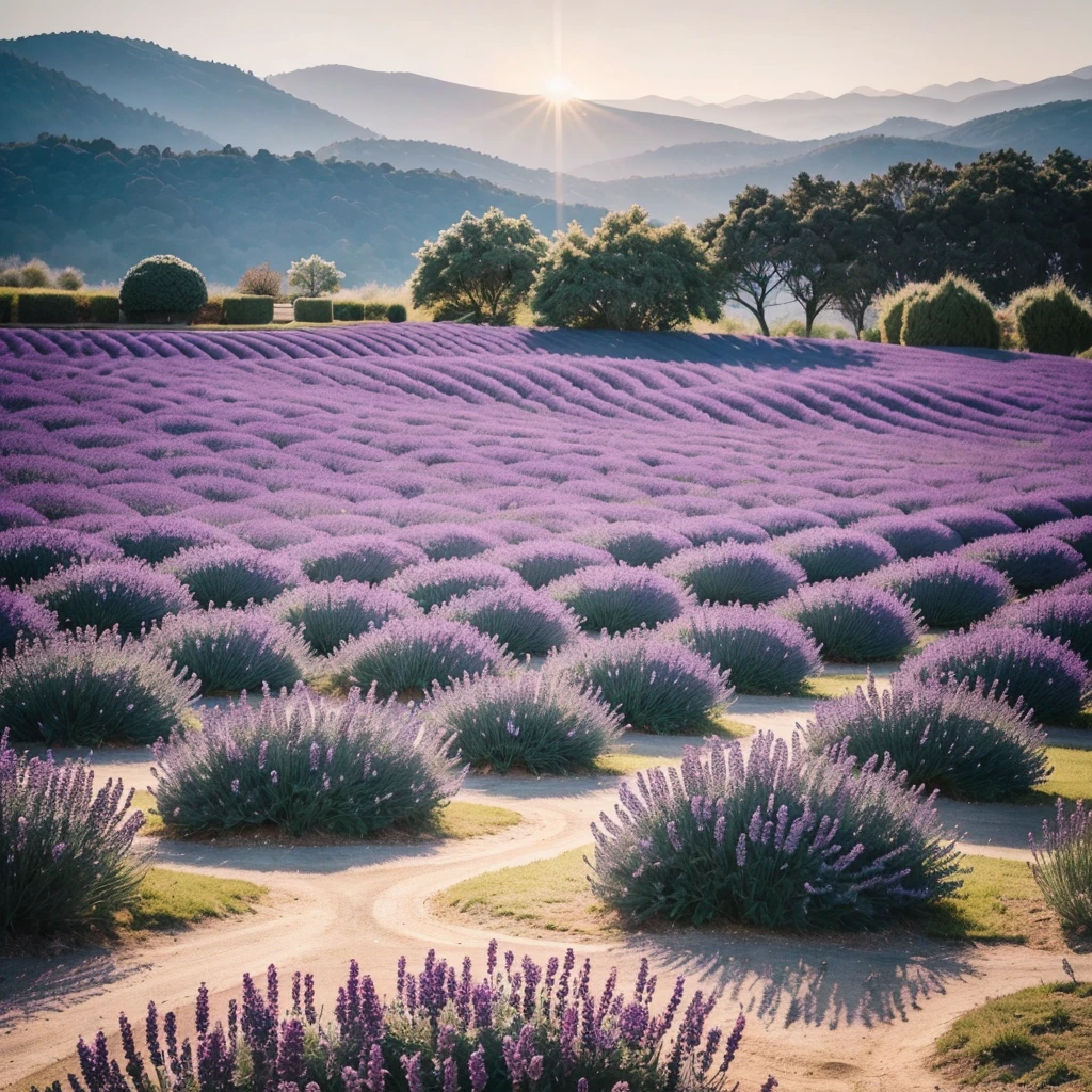 "Create an image that represents the concept of divine restoration. Showcase a vibrant and renewed landscape, with elements that suggest transformation and improvement. Include a soft celestial light that illuminates the scene, symbolizing the presence of God. a beautiful field with some instagram size lavender plants with few lavenders

