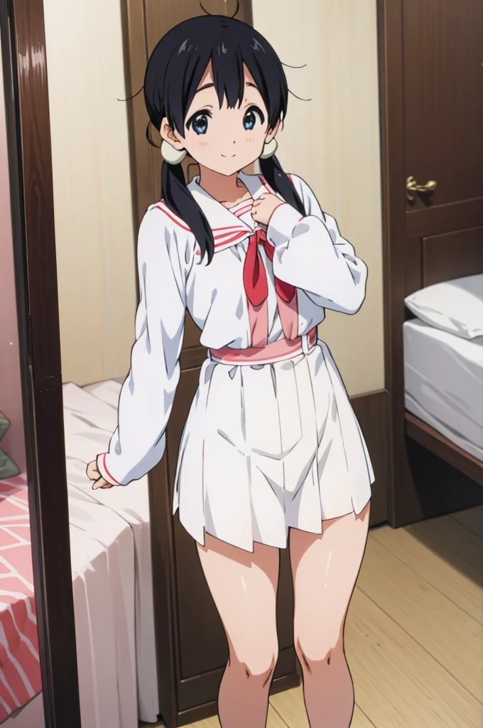 solo, 1girl, tamako kitashirakawa, , looking at viewer, smile, white blouse,miniskirt,thigh,my room,((nsfw))