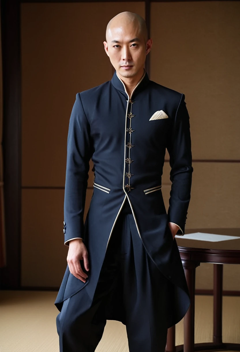 half body picture of a bald japanese model man, long head, wearing an elegant western dress, pants, in an elegant room