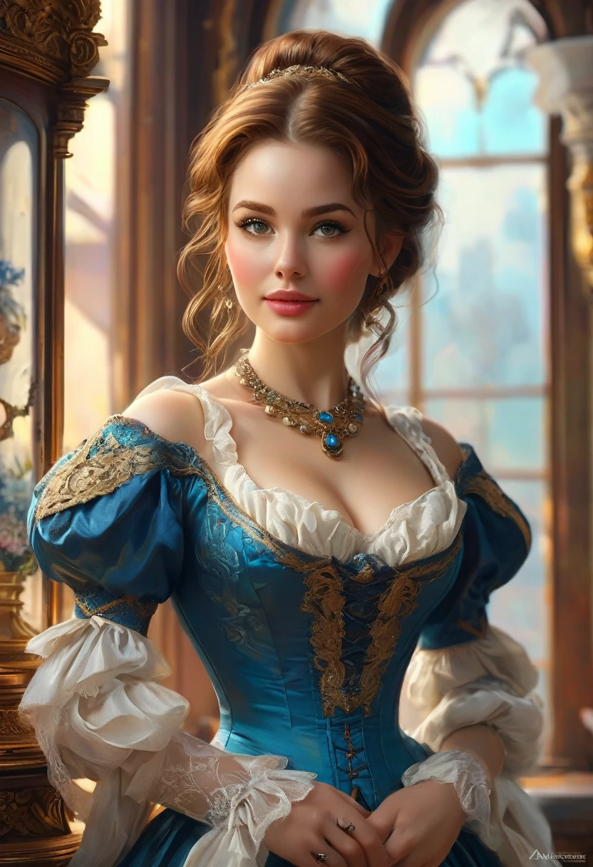 Beautiful Woman, Old West School Teacher, Full Lips, Auburn Hair Intricately But Loosely Braided. Deep_cleavage, Massive Chest. Detailed Beautiful Eyes, Pencil-Thin Waist, Wide Hips. Historically Accurate 1870s Old-West Frontier Dress. With Books. Gorgeous Smile, HourGlass Figure, Official Art, Award Winning Digital Painting, Digital Illustration, Extreme Detail, 4k, Ultra Hd, Rococo, Polished, Intricate, Realistic Fantasy Art, Sharp Focus, Concept Art, Art By Wlop, Artgerm, (2d Vector Illustration) Stunning Combination Miranda Cosgrove
