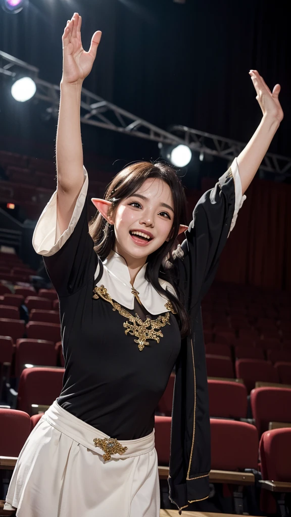 high resolution。８K。detailed。Concert hall venue。Elf Idol Girl。((There is a large mole under the corner of his left eye.))。I was so moved that I was laughing and crying at the same time.。He waves his hands high in the air and thanks the audience.。
