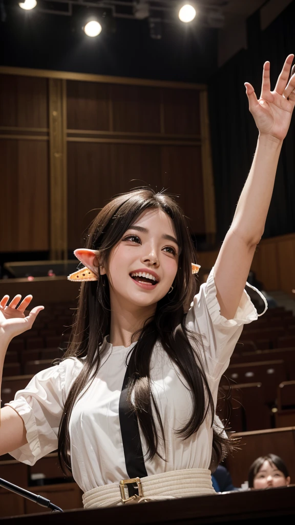 high resolution。8K。detailed。Concert hall venue。Elf Idol Girl。((There is a large mole under the corner of his left eye.))。I was so moved that I was laughing and crying at the same time.。He waves his hands high in the air and thanks the audience.。
