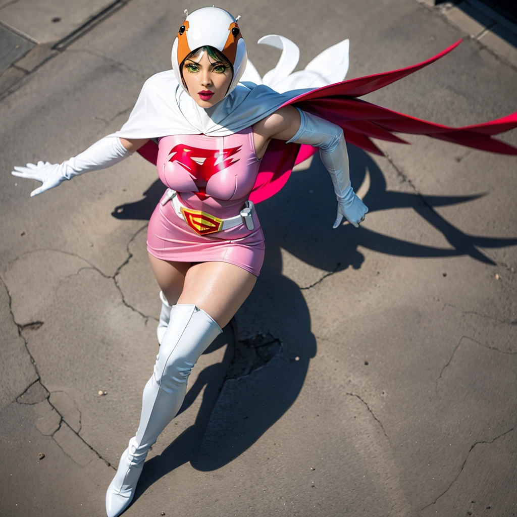 ANI_CLASSIC_jun_gatchaman_ownwaifu,1girl, 15yo,good , masterpiece, best quality,realistic, hyperrealistic, 16k hdr, long hair,,green eyes,lips,large ,lipstick,makeup,gloves,cape,helmet,belt,elbow gloves,white gloves,mask,ultra ,leotard,spacesuit,white tight overknee highheels boots,pink dress,superhero,,,erected ,( pose,view from above),(:1.1),