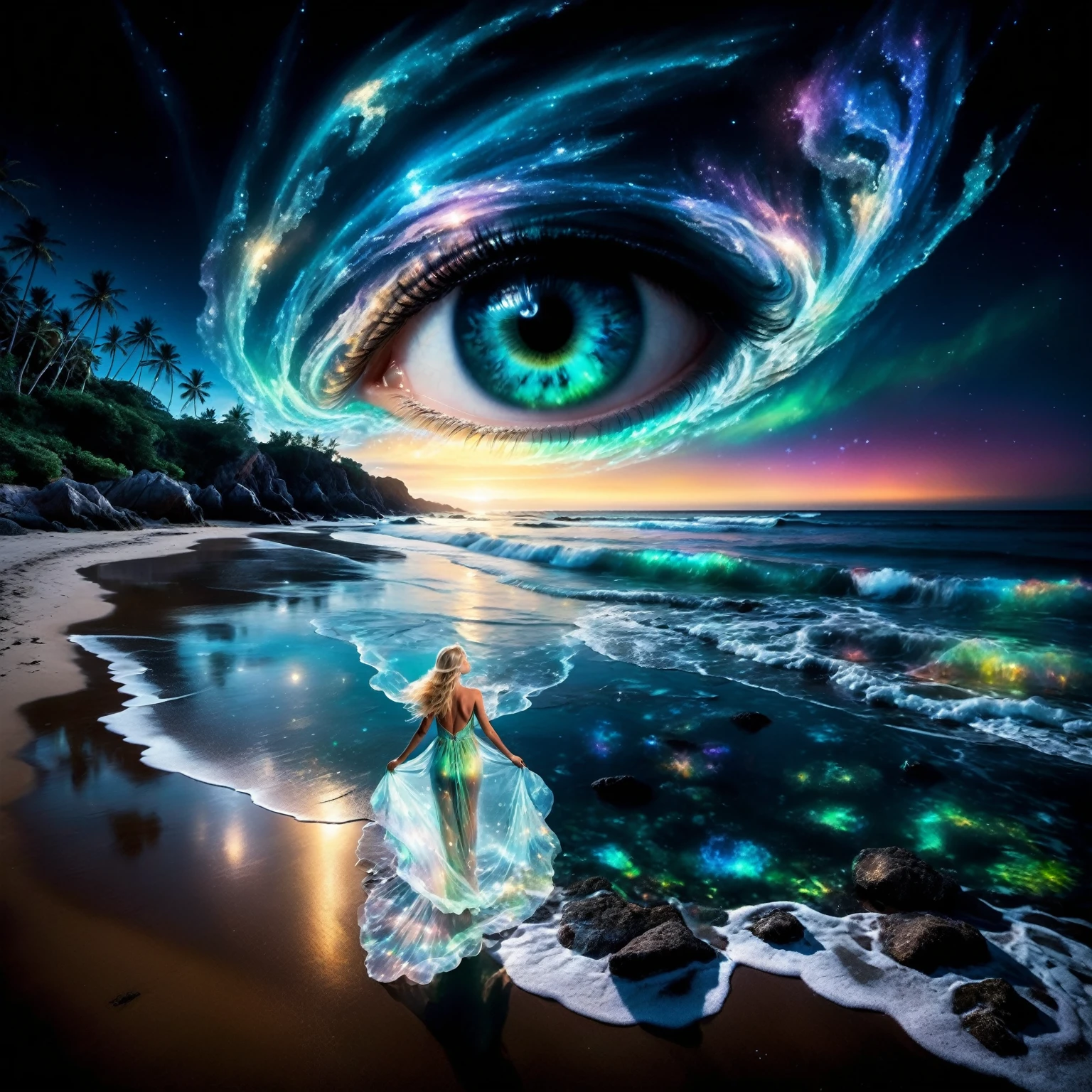 a blonde woman with long flowing hair stands on a sandy beach. She wears a transparent, flowing dress that appears to be made of swirling, glowing ethereal patterns, reminiscent of the northern lights. Her face is turned skyward, as if contemplating the wonders of the universe. her dress floats around her like a cloud. The water near the woman should be very transparent, revealing bioluminescent glowing algae and marine fauna. Behind the woman, the beach stretches towards the horizon. The sea is crystal-clear and blue. Soft, bioluminescent light-green glowing waves break on the shore, creating a soothing rhythm. The night sky is filled with twinkling stars, Rich color and detail, (Rainbow-colored: 1.2), A majestic galaxy swirls over the beach, forming a giant, detailed eye in the sky. The eye's vibrant colors reflect beautifully on the crystal-clear, bioluminescent water below. Shine, Atmospheric lighting . The overall mood of the photo is dark, ethereal and haunting. The bioluminescent light of the sea creates a magical, fairytale atmosphere, while the twinkling stars and swirling galaxy add a sense of mystery and wonder.The woman standing on the beach seems to be in communion with nature and the universe, adding a touch of serenity to the scene. The overall style of the photo is fantastic or supernatural. Vivid colors, flowing forms and intricate details create a captivating, imaginary world. masterpiece, best quality, Professional, perfect composition, very aesthetic,