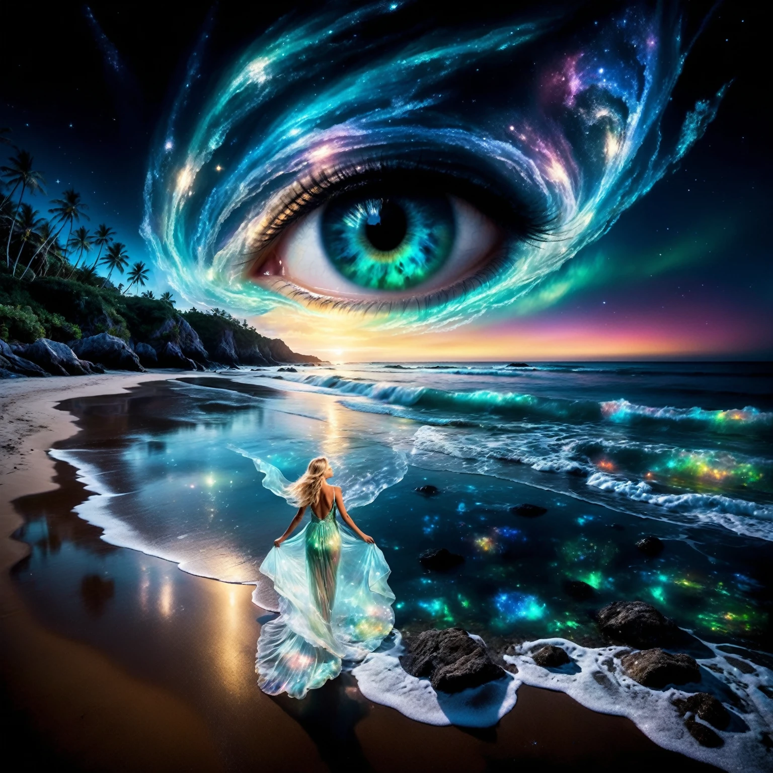 a blonde woman with long flowing hair stands on a sandy beach. She wears a transparent, flowing dress that appears to be made of swirling, glowing ethereal patterns, reminiscent of the northern lights. Her face is turned skyward, as if contemplating the wonders of the universe. her dress floats around her like a cloud. The water near the woman should be very transparent, revealing bioluminescent glowing algae and marine fauna. Behind the woman, the beach stretches towards the horizon. The sea is crystal-clear and blue. Soft, bioluminescent light-green glowing waves break on the shore, creating a soothing rhythm. The night sky is filled with twinkling stars, Rich color and detail, (Rainbow-colored: 1.2), A majestic galaxy swirls over the beach, forming a giant, detailed eye in the sky. The eye's vibrant colors reflect beautifully on the crystal-clear, bioluminescent water below. Shine, Atmospheric lighting . The overall mood of the photo is dark, ethereal and haunting. The bioluminescent light of the sea creates a magical, fairytale atmosphere, while the twinkling stars and swirling galaxy add a sense of mystery and wonder.The woman standing on the beach seems to be in communion with nature and the universe, adding a touch of serenity to the scene. The overall style of the photo is fantastic or supernatural. Vivid colors, flowing forms and intricate details create a captivating, imaginary world. masterpiece, best quality, Professional, perfect composition, very aesthetic, 