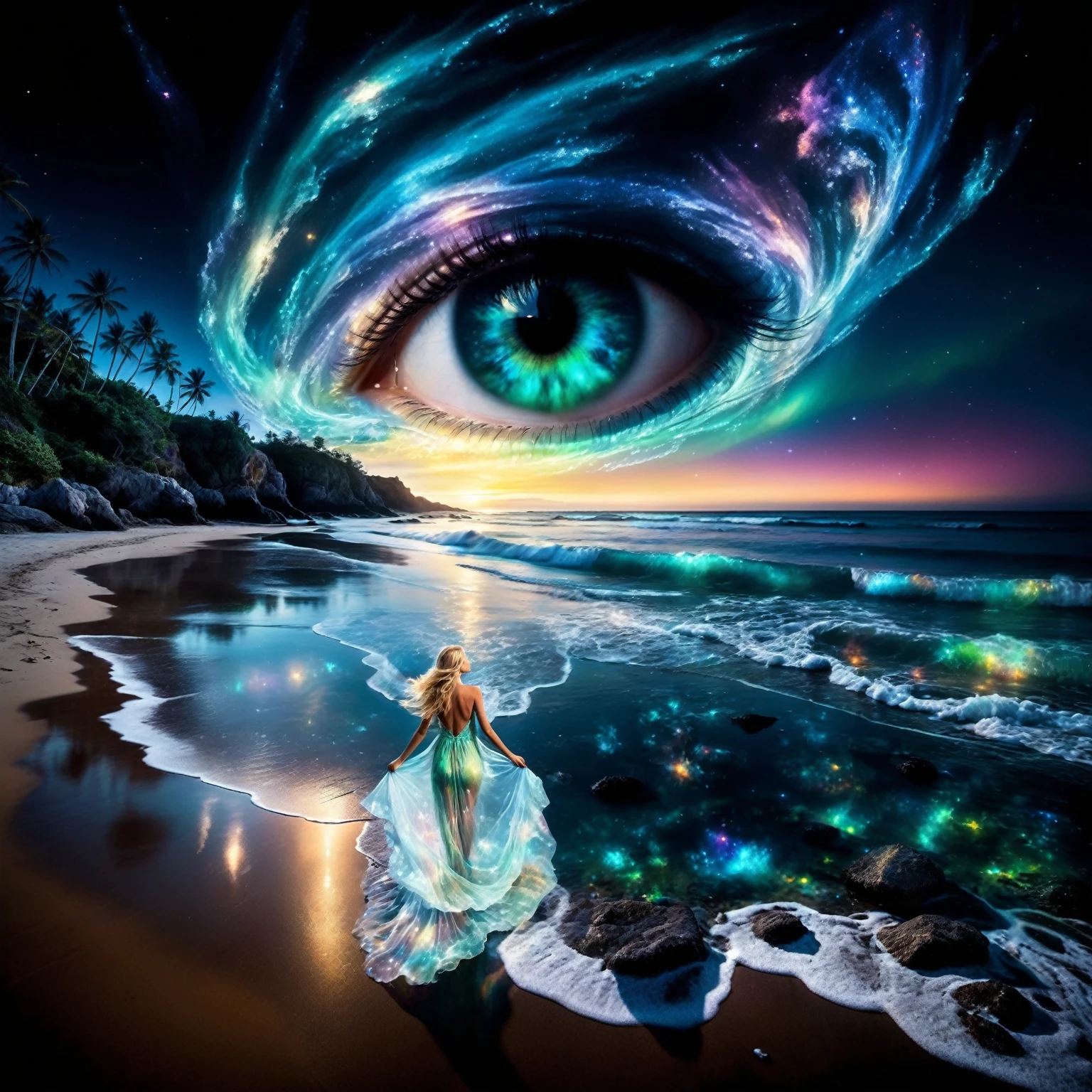 a blonde woman with long flowing hair stands on a sandy beach. She wears a transparent, flowing dress that appears to be made of swirling, glowing ethereal patterns, reminiscent of the northern lights. Her face is turned skyward, as if contemplating the wonders of the universe. her dress floats around her like a cloud. The water near the woman should be very transparent, revealing bioluminescent glowing algae and marine fauna. Behind the woman, the beach stretches towards the horizon. The sea is crystal-clear and blue. Soft, bioluminescent light-green glowing waves break on the shore, creating a soothing rhythm. The night sky is filled with twinkling stars, Rich color and detail, (Rainbow-colored: 1.2), A majestic galaxy swirls over the beach, forming a giant, detailed eye in the sky. The eye's vibrant colors reflect beautifully on the crystal-clear, bioluminescent water below. Shine, Atmospheric lighting . The overall mood of the photo is dark, ethereal and haunting. The bioluminescent light of the sea creates a magical, fairytale atmosphere, while the twinkling stars and swirling galaxy add a sense of mystery and wonder.The woman standing on the beach seems to be in communion with nature and the universe, adding a touch of serenity to the scene. The overall style of the photo is fantastic or supernatural. Vivid colors, flowing forms and intricate details create a captivating, imaginary world. masterpiece, best quality, Professional, perfect composition, very aesthetic,