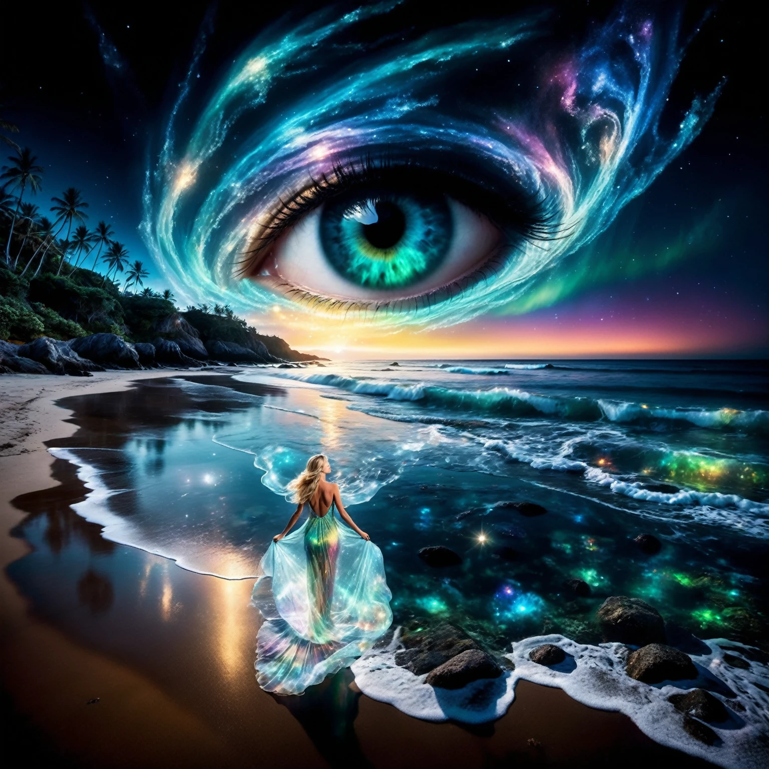 a blonde woman with long flowing hair stands on a sandy beach. She wears a transparent, flowing dress that appears to be made of swirling, glowing ethereal patterns, reminiscent of the northern lights. Her face is turned skyward, as if contemplating the wonders of the universe. her dress floats around her like a cloud. The water near the woman should be very transparent, revealing bioluminescent glowing algae and marine fauna. Behind the woman, the beach stretches towards the horizon. The sea is crystal-clear and blue. Soft, bioluminescent light-green glowing waves break on the shore, creating a soothing rhythm. The night sky is filled with twinkling stars, Rich color and detail, (Rainbow-colored: 1.2), A majestic galaxy swirls over the beach, forming a giant, detailed eye in the sky. The eye's vibrant colors reflect beautifully on the crystal-clear, bioluminescent water below. Shine, Atmospheric lighting . The overall mood of the photo is dark, ethereal and haunting. The bioluminescent light of the sea creates a magical, fairytale atmosphere, while the twinkling stars and swirling galaxy add a sense of mystery and wonder.The woman standing on the beach seems to be in communion with nature and the universe, adding a touch of serenity to the scene. The overall style of the photo is fantastic or supernatural. Vivid colors, flowing forms and intricate details create a captivating, imaginary world. masterpiece, best quality, Professional, perfect composition, very aesthetic,