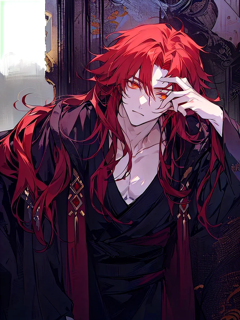 anime - style image of a man with red hair, handsome guy in demon slayer art, flowing hair and long robes, beautiful androgynous prince, beautiful male god of death, handsome japanese demon boy, delicate androgynous prince, with long red hair, male anime character, in a cloak with long hairs, handsome anime pose, anime handsome man, golden eyes, glowing eyes, cat like pupils