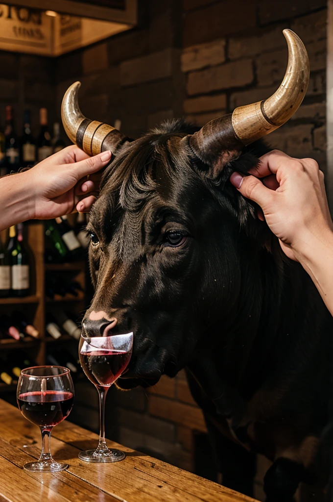 bull drinking wine