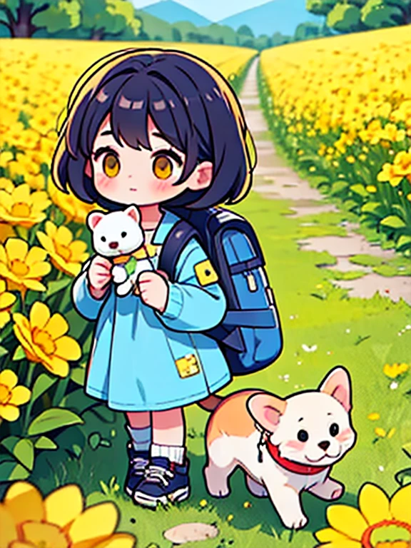 Very lovely girl with a backpack and her cute puppy enjoying a beautiful spring walk surrounded by beautiful yellow flowers and nature..