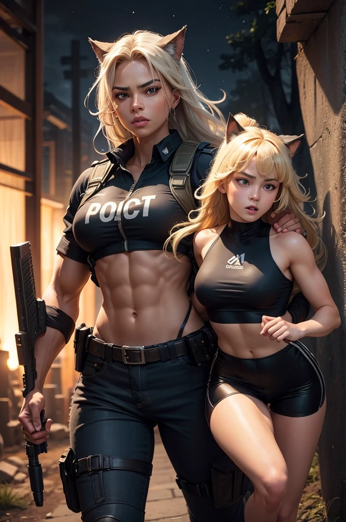 A muscular and wild black werewolf and a beautiful and perfect blonde police girl in uniform and armed in a night forest running boldly together