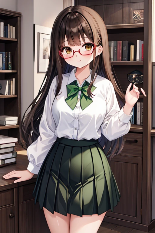 A Cute Girl, (17 years-old), with very wide hips, mildly slim figure, White Shirt, (Long Green Pleated Skirt), indoors, Soft Smile, Brunette Hair, Medium-Length Hair, Lush Hair, Beautiful Brown Eyes, ((Black Glasses)), Thickest thighs, big hips, Short Figure, Modern House, cowboy-shot, Wooden Bookshelf Behind her, empty hands,