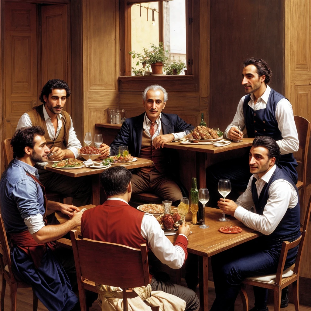A German, a Turk and an Italian sitting at a table in a restaurant. 