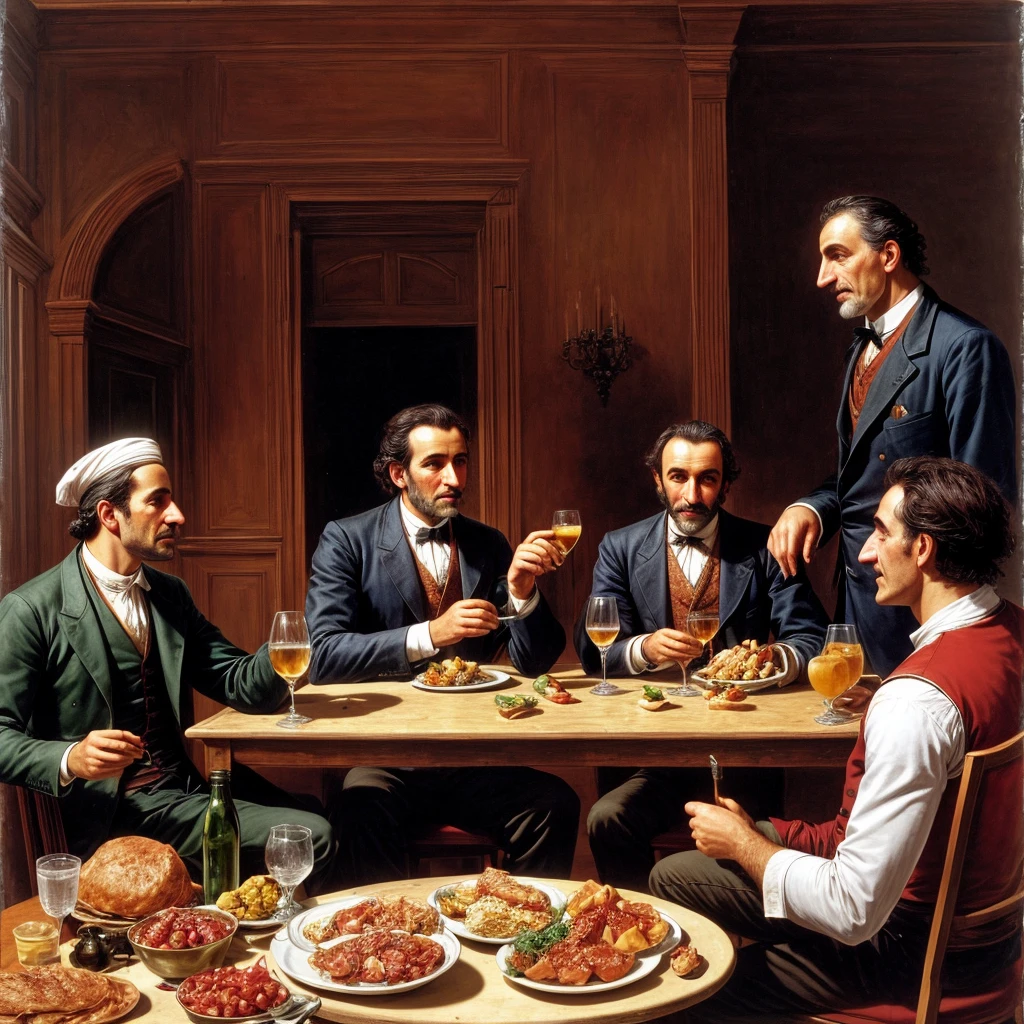 A German, a Turk and an Italian sitting at a table in a restaurant. 