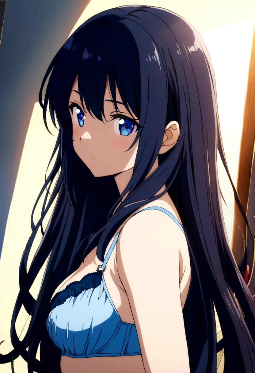 1 girl , dark blue hair, long hair, upper body, dark blue eyes, blue bra , anime girl