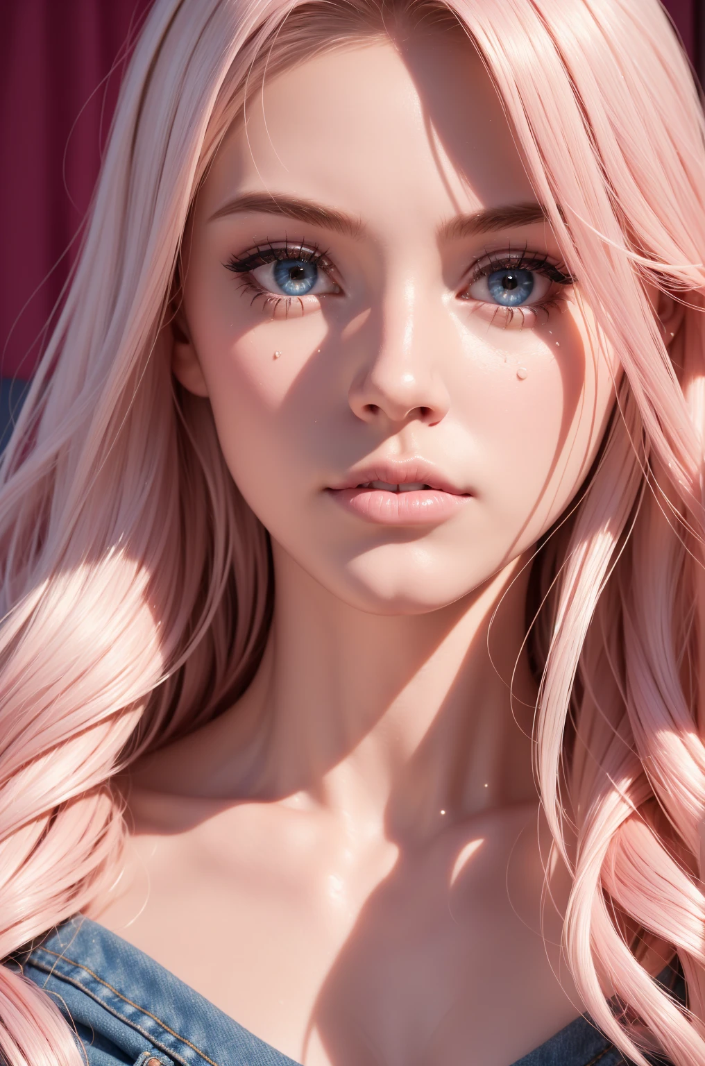 Skinny blonde girl, young, teen, in her bedroom, (highly detailed background, bedroom), wearing a crop top and jeans, pretty face, pink lips, cute, sweet, innocent, beautiful lighting, alone, shy, highly detailed face, (ultra realistic), realistic skin, makeup, lip filler, big pink bimbo lips, (bimbofication), cleavage, big ass, ((highly detailed face, detailed eyes, eye contact) seducing the camera 