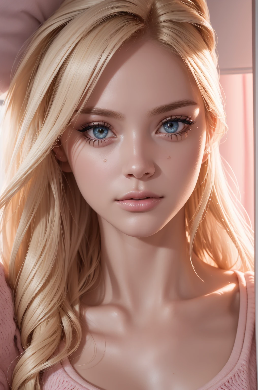 Skinny blonde girl, young, teen, in her bedroom, (highly detailed background, bedroom), wearing a crop top and jeans, pretty face, pink lips, cute, sweet, innocent, beautiful lighting, alone, shy, highly detailed face, (ultra realistic), realistic skin, makeup, lip filler, big pink bimbo lips, (bimbofication), cleavage, big ass, ((highly detailed face, detailed eyes, eye contact) seducing the camera