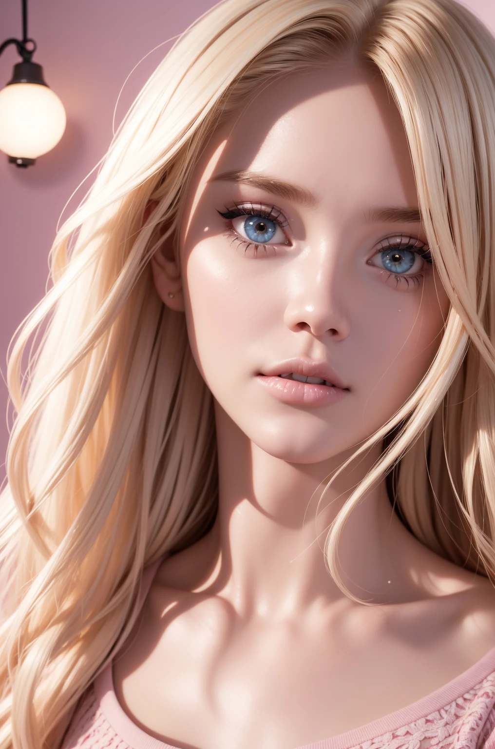 Skinny blonde girl, young, teen, in her bedroom, (highly detailed background, bedroom), wearing a crop top and jeans, pretty face, pink lips, cute, sweet, innocent, beautiful lighting, alone, shy, highly detailed face, (ultra realistic), realistic skin, makeup, lip filler, big pink bimbo lips, (bimbofication), , big , ((highly detailed face, detailed eyes, eye contact) seducing the camera 