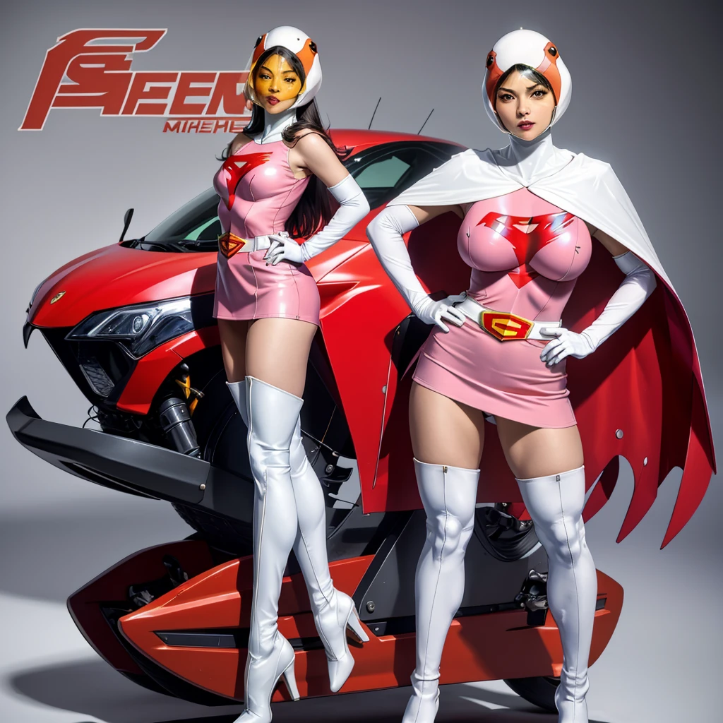 ANI_CLASSIC_jun_gatchaman_ownwaifu,1girl, 15yo,good anatomy, masterpiece, best quality,realistic, hyper realistic, 16k hdr, long hair,breasts,lips,large breasts,lipstick,makeup,gloves,cape,helmet,belt,elbow gloves,white gloves,mask,ultra miniskirt,leotard,spacesuit,white tight overknee highheels boots,pink dress,superhero,bodysuit,cleavage,erected nipples,(stand pose,hands on hip),(spread legs:1.1),cameltoe