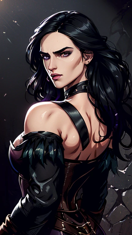 (Katie McGrath face), Generate an illustration of a young (Yennefer of Vengerberg), of Witcher 3,  hair combed to sides, layered haircut, de terno preto, long hair flows to her back, hair flows straight down, black hair, Ultrarealistic Violet eyes, both eyes are similar, (big round breasts), deep cleavage, Ultrarealistic juicy round ass, thick thighs, black Corset outfit in anime format with a serious style, ((black strapless dress)), Ruby black velvet choker, grey tights, black boots, gothic make up, masterpiece, ((dark lighting)), black background, puffy lips,slendered toned abs, beautiful face