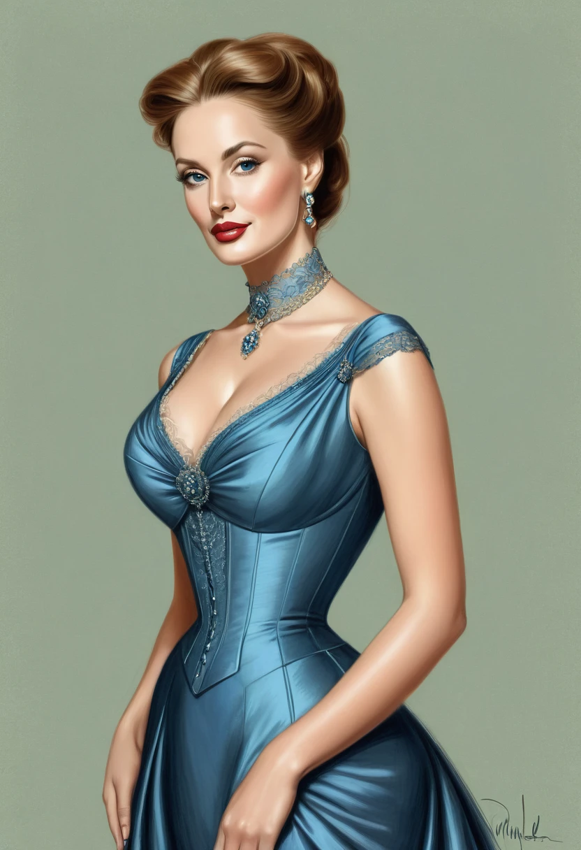 A colored pencil sketch of A beautiful Aristacrat woman with large elegant, hawk-like-nose, who embodies old fashioned class, sophistication, elgance as well as wholesome, natural beauty. curvy, thin-waist, wide-hips, swaying-hips. Laura Vandervoort. Oppulent historically accurate victorian dress.