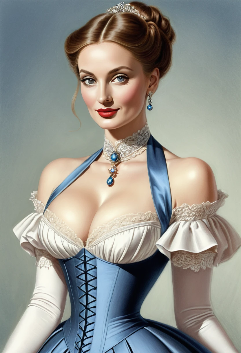 A colored pencil sketch of A beautiful Aristacrat woman with large elegant, hawk-like-nose, who embodies old fashioned class, sophistication, elgance as well as wholesome, natural beauty. curvy, thin-waist, wide-hips, swaying-hips. Laura Vandervoort. Oppulent historically accurate victorian dress. mash up of Anna Popplewell