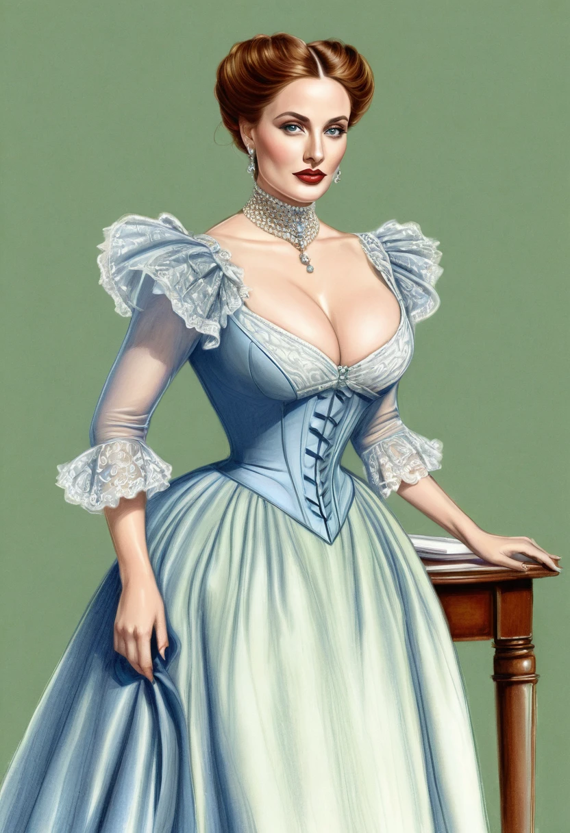 A colored pencil sketch of A beautiful Aristacrat woman with large elegant, hawk-like-nose, who embodies old fashioned class, sophistication, elgance as well as wholesome, natural beauty. , thin-waist, wide-, swaying-. Laura Vandervoort. Oppulent historically accurate victorian dress.  mash up of Anna Popplewell