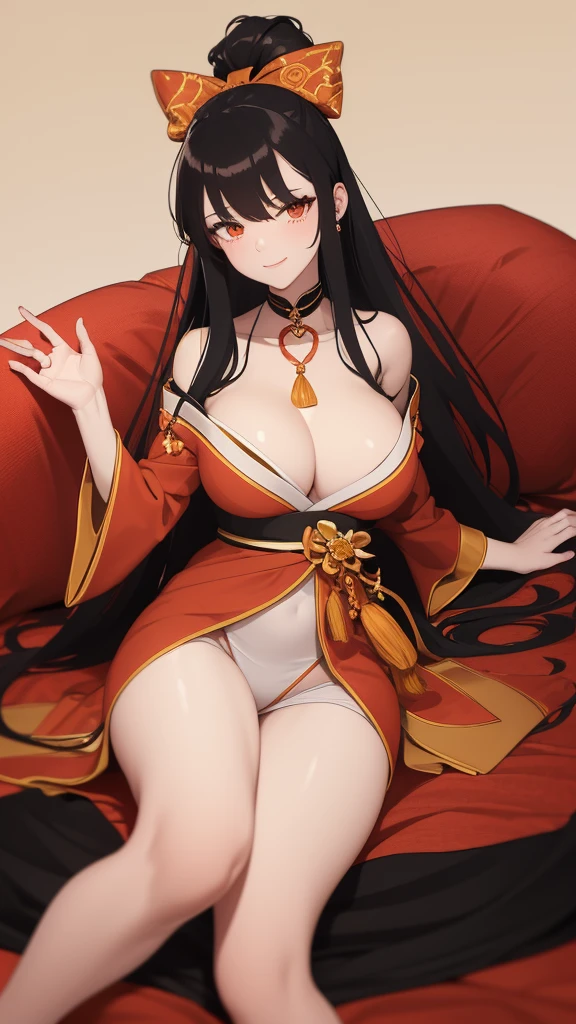 General appearance:
- Hair: long, black and wavy with orange tips. Part of the hair is tied up with a big red bow., with orange ornaments on the back of the head, falling gracefully over the shoulders and back.
- Eyes: grandes e expressivos, bright pink color, with a  look that mixes sweetness and mystery.
- First: Soft and pale, highlighting the character's youth and delicacy.

badass clothing:
- Kimono: traditional japanese, light pink color, with white geometric details.
  - Upper part: Leaves shoulders and a generous neckline , with long, wide sleeves that add a touch of elegance and sensuality.
  - Bottom: Fitted to gracefully reveal legs, with the fabric opening gently to highlight the thighs and suggest curves.
- Heart: rot, complemented by a golden bow that stands out at the waist and accentuates your curves.

Accessories:
- Bow and Adornments: A large red bow holds part of the hair, accompanied by orange adornments on the back of the head.
- Object in Hand: In the right hand, She holds a thin, red object, como uma fita ou lanyard, which adds an element of delicacy and suggestiveness to the pose.

Poses and Environment:
- Pose: Sitting sideways on a luxurious chaise longue, with a posture that suggests confidence and charm.
  - Legs: One leg bent and the other extended, with the kimono slightly open to reveal the softness of the skin and highlight your curves.
  -Hands: The right hand holding the ribbon/lanyard, and the left hand resting lightly on the bent knee.
  - Face: Slightly tilted downwards, with a serene expression and a slight  smile on his lips.

scenario:
- Environment: An elegant traditional Japanese lounge, with luxurious elements.
  - Furniture: A padded chaise longue with gold ornamental details and silk cushions.
  - Floor: Japanese traditional tatami, complemented by delicate silk rugs.
  - Walls: Translucent shoji panels,