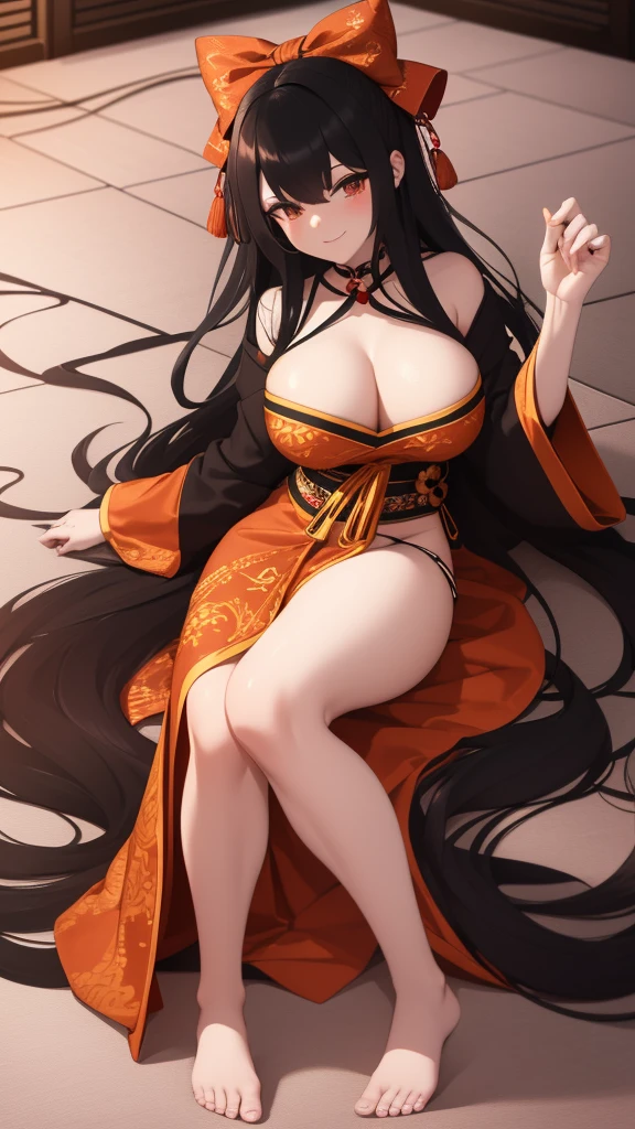 General appearance:
- Hair: long, black and wavy with orange tips. Part of the hair is tied up with a big red bow., with orange ornaments on the back of the head, falling gracefully over the shoulders and back.
- Eyes: grandes e expressivos, bright pink color, with a seductive look that mixes sweetness and mystery.
- First: Soft and pale, highlighting the character's youth and delicacy.

badass clothing:
- Kimono: traditional japanese, light pink color, with white geometric details.
  - Upper part: Leaves shoulders and a generous neckline exposed, with long, wide sleeves that add a touch of elegance and sensuality.
  - Bottom: Fitted to gracefully reveal legs, with the fabric opening gently to highlight the thighs and suggest curves.
- Heart: rot, complemented by a golden bow that stands out at the waist and accentuates your curves.

Accessories:
- Bow and Adornments: A large red bow holds part of the hair, accompanied by orange adornments on the back of the head.
- Object in Hand: In the right hand, She holds a thin, red object, como uma fita ou lanyard, which adds an element of delicacy and suggestiveness to the pose.

Poses and Environment:
- Pose: Sitting sideways on a luxurious chaise longue, with a posture that suggests confidence and charm.
  - Legs: One leg bent and the other extended, with the kimono slightly open to reveal the softness of the skin and highlight your curves.
  -Hands: The right hand holding the ribbon/lanyard, and the left hand resting lightly on the bent knee.
  - Face: Slightly tilted downwards, with a serene expression and a slight seductive smile on his lips.

scenario:
- Environment: An elegant traditional Japanese lounge, with luxurious elements.
  - Furniture: A padded chaise longue with gold ornamental details and silk cushions.
  - Floor: Japanese traditional tatami, complemented by delicate silk rugs.
  - Walls: Translucent shoji panels,