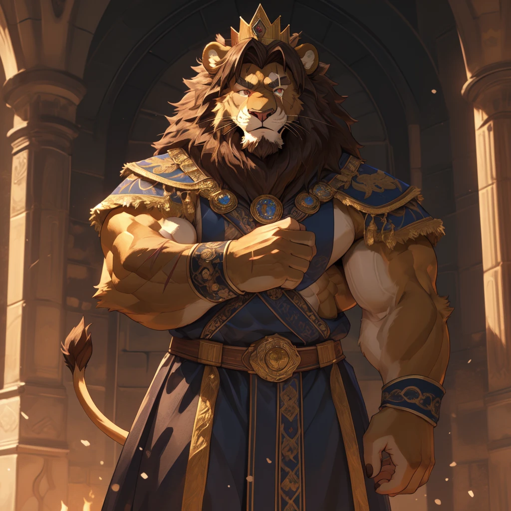 Male, solo, lion, (golden fur), red eyes, (brown hair, short hair), (cheek scar, old scar), (detailed face, detailed eyes, detailed), king, mature male, olde male, muscular male, masterpiece, best quality,  standing, medieval kingdom, king clothes, standing, hypermuscle, confident smile, crown