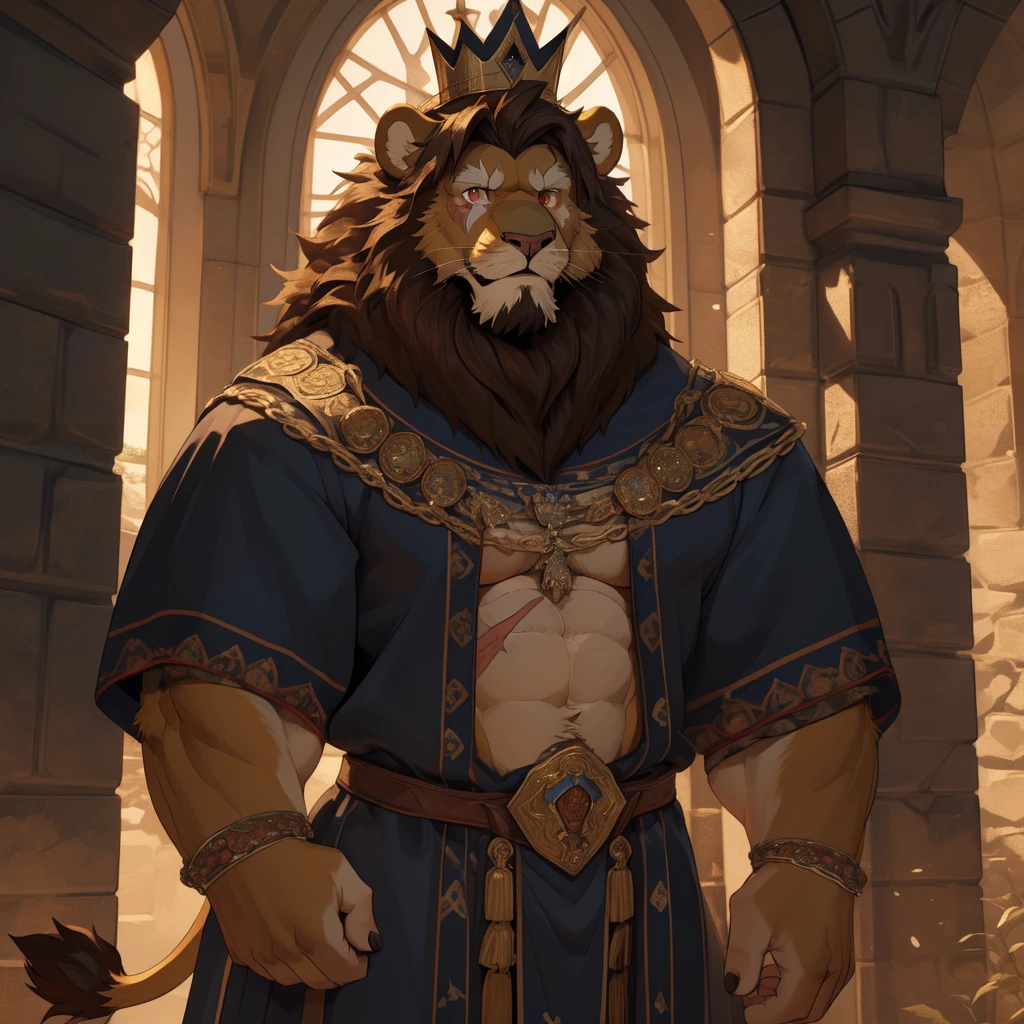 Male, solo, lion, (golden fur), red eyes, (brown hair, short hair), (cheek scar, old scar), (detailed face, detailed eyes, detailed), king, mature male, olde male, muscular male, masterpiece, best quality, standing, medieval kingdom, king clothes, standing, hypermuscle, confident smile, crown