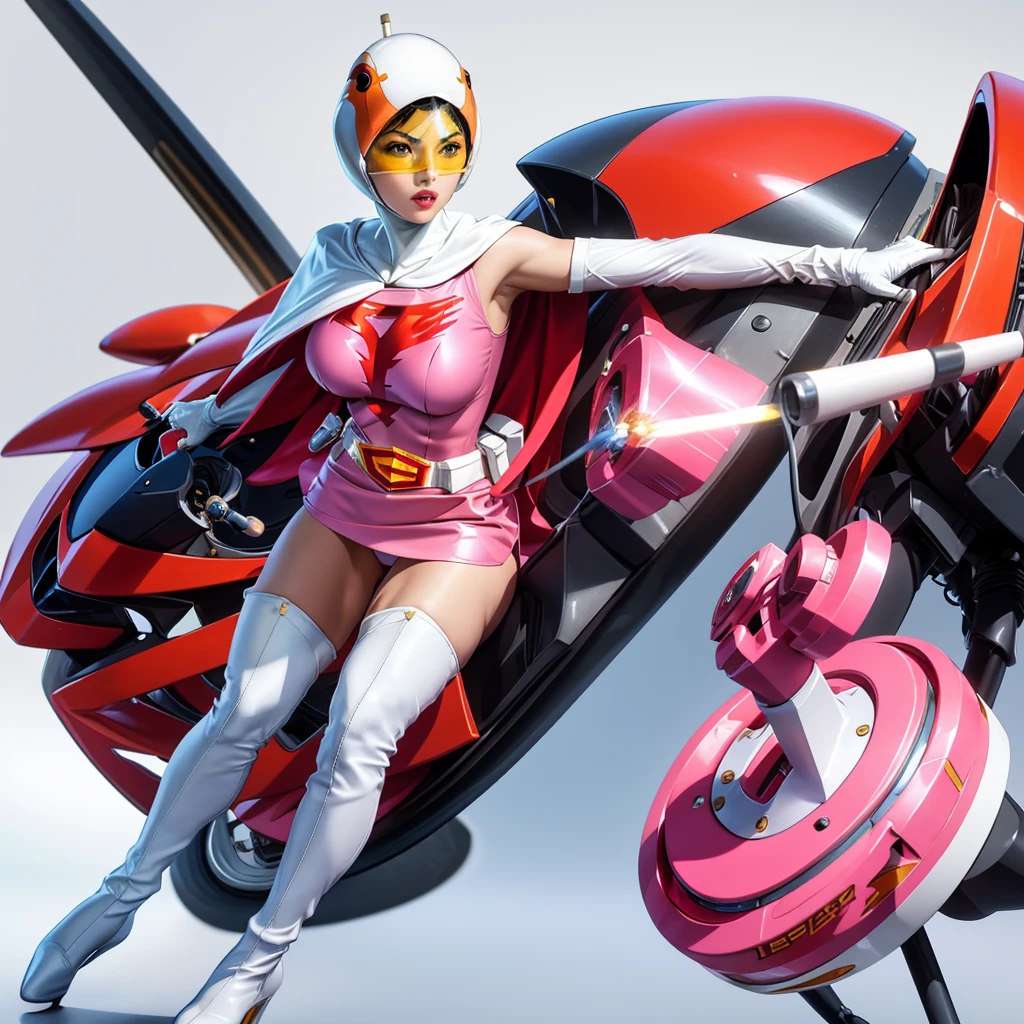 ANI_CLASSIC_jun_gatchaman_ownwaifu,1girl, 15yo,good , masterpiece, best quality,realistic, hyper realistic, 16k hdr, long hair,breasts,lips,large breasts,lipstick,makeup,gloves,cape,helmet,belt,elbow gloves,white gloves,mask,ultra ,leotard,spacesuit,white tight overknee highheels boots,pink dress,superhero,,cleavage,erected ,(kick ass poses),