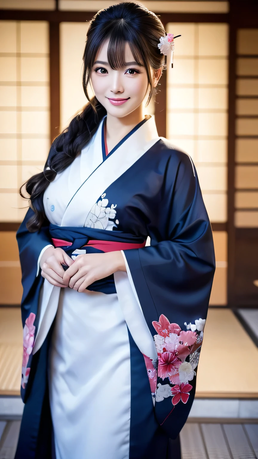 (Super beautiful woman in kimono)、((highest quality、8K masterpiece:1.3))、sharp focus:1.2、(super beautiful face:1.0)、(shiny skin:1.0)、realistic pictures、black hair、video lighting、High resolution eyes and face、video lighting、japanese actress、from the front、with a happy smile、whole body、wearing a kimono、in Kyoto、(luxury obi)、Brush your hair up with your fingers.