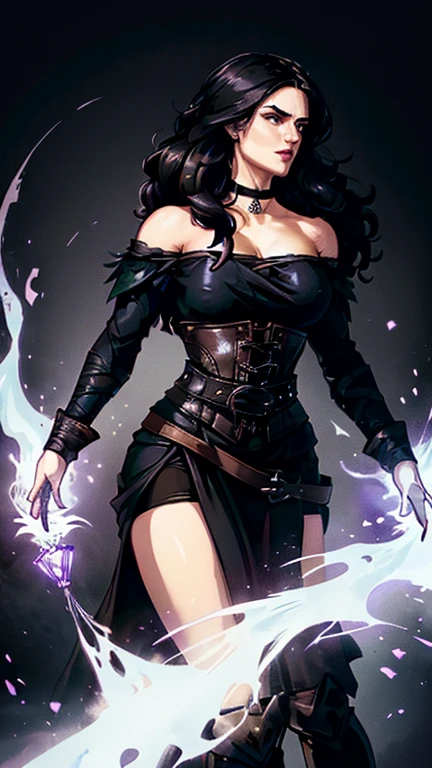 (Katie McGrath face), Generate an illustration of a young (Yennefer of Vengerberg), of Witcher 3,  hair combed to sides, layered haircut, de terno preto, long hair flows to her back, hair flows straight down, black hair, Ultrarealistic Violet eyes, both eyes are similar, (big round breasts), deep cleavage, Ultrarealistic juicy round ass, thick thighs, black Corset outfit in anime format with a serious style, ((black strapless dress)), Ruby black velvet choker, grey tights, black boots, gothic make up, masterpiece, ((dark lighting)), black background, puffy lips,slendered toned abs, beautiful face