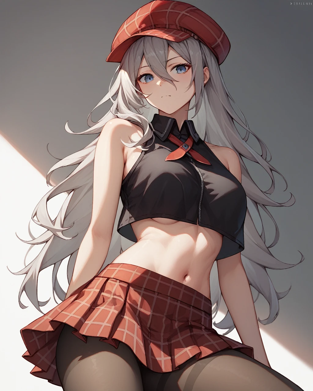 score_9, score_8_up, score_7_up,
1girl, alisa ilinichina amiella, solo,grey hair,long hair,blue eyes,hair between eyes, pantyhose,underboob,bare shoulders,black crop top,red headwear,red plaid skirt,