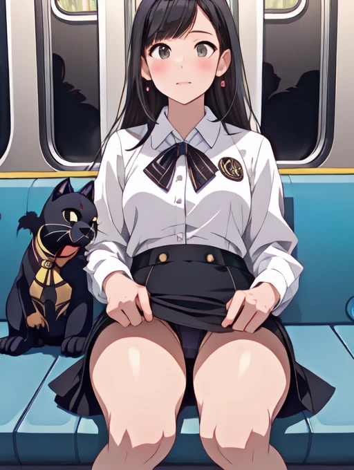 Women's Office Suits、Black straight long hair ,sitting in a train seat, Tuck your hair behind your ears、front、Lace panties, Tight mini skirt, Black Panther Piece, Highest quality、Daytime
