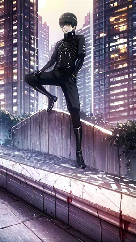 best qualityer, super detaill, work of art, ultra HD, 8K, 1 boy, focus on the boy, whole body, very detailed and flawless, kaneki ken, Tokyo Ghoul, Three Kagunes on the back, on top of a building at night, blood on hands.