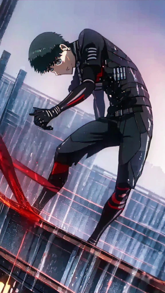 best qualityer, super detaill, work of art, ultra HD, 8K, 1 boy, focus on the boy, whole body, very detailed and flawless, kaneki ken, Tokyo Ghoul, Three Kagunes on the back, on top of a building at night, blood on hands.