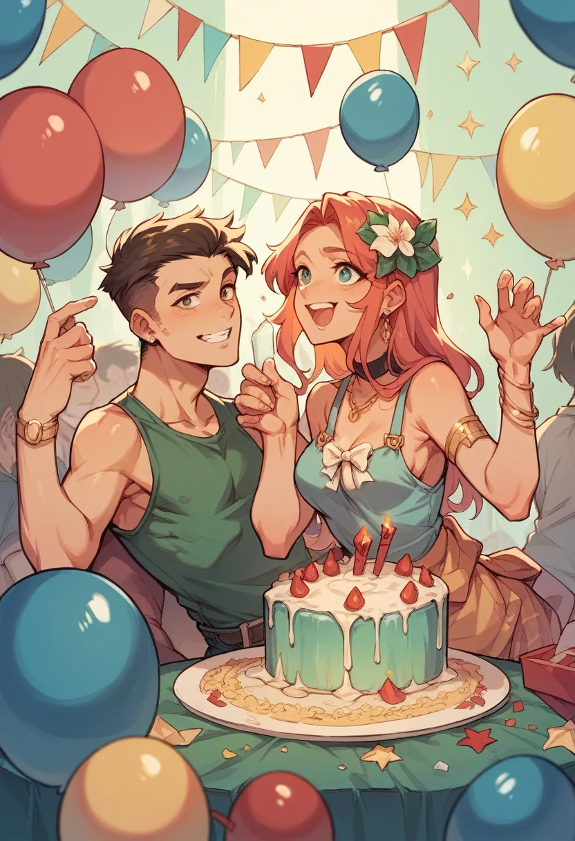 make a picture of the characters from the game Grand Chase celebrating a birthday