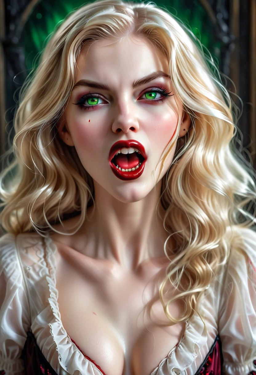 ((a photorealistic portrait of an exquisite, glamour female vampire: 1.5)) , pale face, blond hair, long vibrant shiny hair, glamorous hair, emerald green eyes, deep penetrating eyes, red lips, lustful lips, ((two vampiric fangs: 1.5), drops of blood dripping from the mouth, ((1920's style: 1.5)), (highest quality:1.2, Very detailed, up to date, Vibrant, Ultra-high resolution, High Contrast, masterpiece:1.2, highest quality, Best aesthetics), best details, best quality, highres, ultra wide angle, 16k, [ultra detailed], masterpiece, best quality, (extremely detailed), Genetically modified..., Cinematic Hollywood Film, traditional watercolor painting
