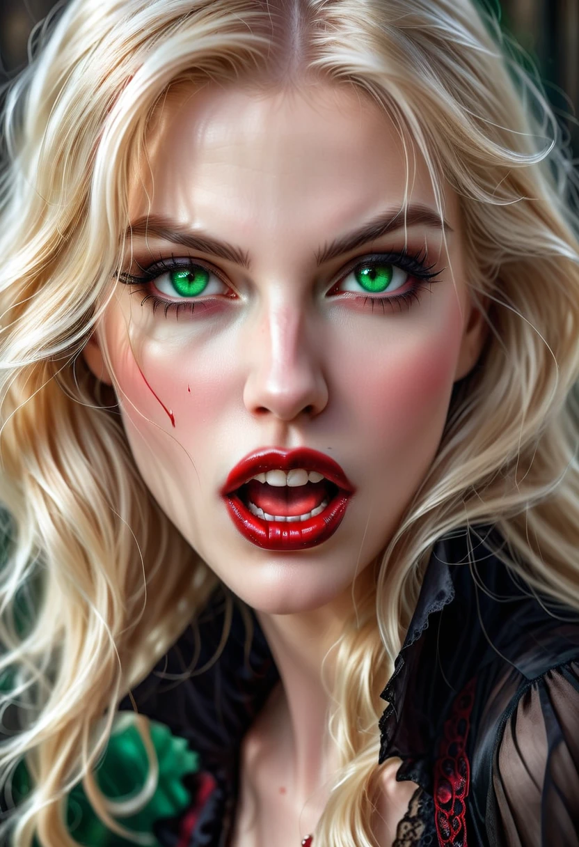 ((a photorealistic portrait of an exquisite, glamour female vampire: 1.5)) , pale face, blond hair, long vibrant shiny hair, glamorous hair, emerald green eyes, deep penetrating eyes, red lips, lustful lips, ((two vampiric fangs: 1.5), drops of blood dripping from the mouth, ((1920's style: 1.5)), (highest quality:1.2, Very detailed, up to date, Vibrant, Ultra-high resolution, High Contrast, masterpiece:1.2, highest quality, Best aesthetics), best details, best quality, highres, ultra wide angle, 16k, [ultra detailed], masterpiece, best quality, (extremely detailed), Genetically modified..., Cinematic Hollywood Film, traditional watercolor painting