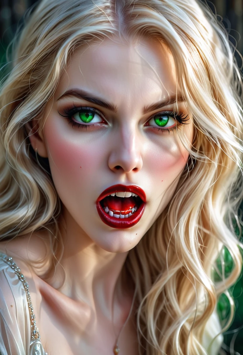 ((a photorealistic portrait of an exquisite, glamour female vampire: 1.5)) , pale face, blond hair, long vibrant shiny hair, glamorous hair, emerald green eyes, deep penetrating eyes, red lips, lustful lips, ((two vampiric fangs: 1.5), drops of blood dripping from the mouth, ((1920's style: 1.5)), (highest quality:1.2, Very detailed, up to date, Vibrant, Ultra-high resolution, High Contrast, masterpiece:1.2, highest quality, Best aesthetics), best details, best quality, highres, ultra wide angle, 16k, [ultra detailed], masterpiece, best quality, (extremely detailed), Genetically modified..., Cinematic Hollywood Film, traditional watercolor painting